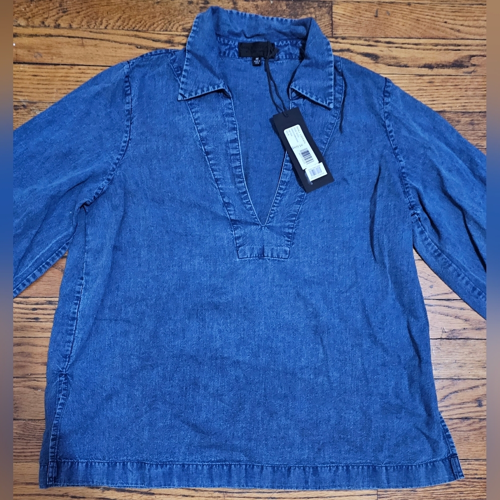 NILI LOTAN PAULETTE CHAMBRAY VINTAGE DENIM BLOUSE